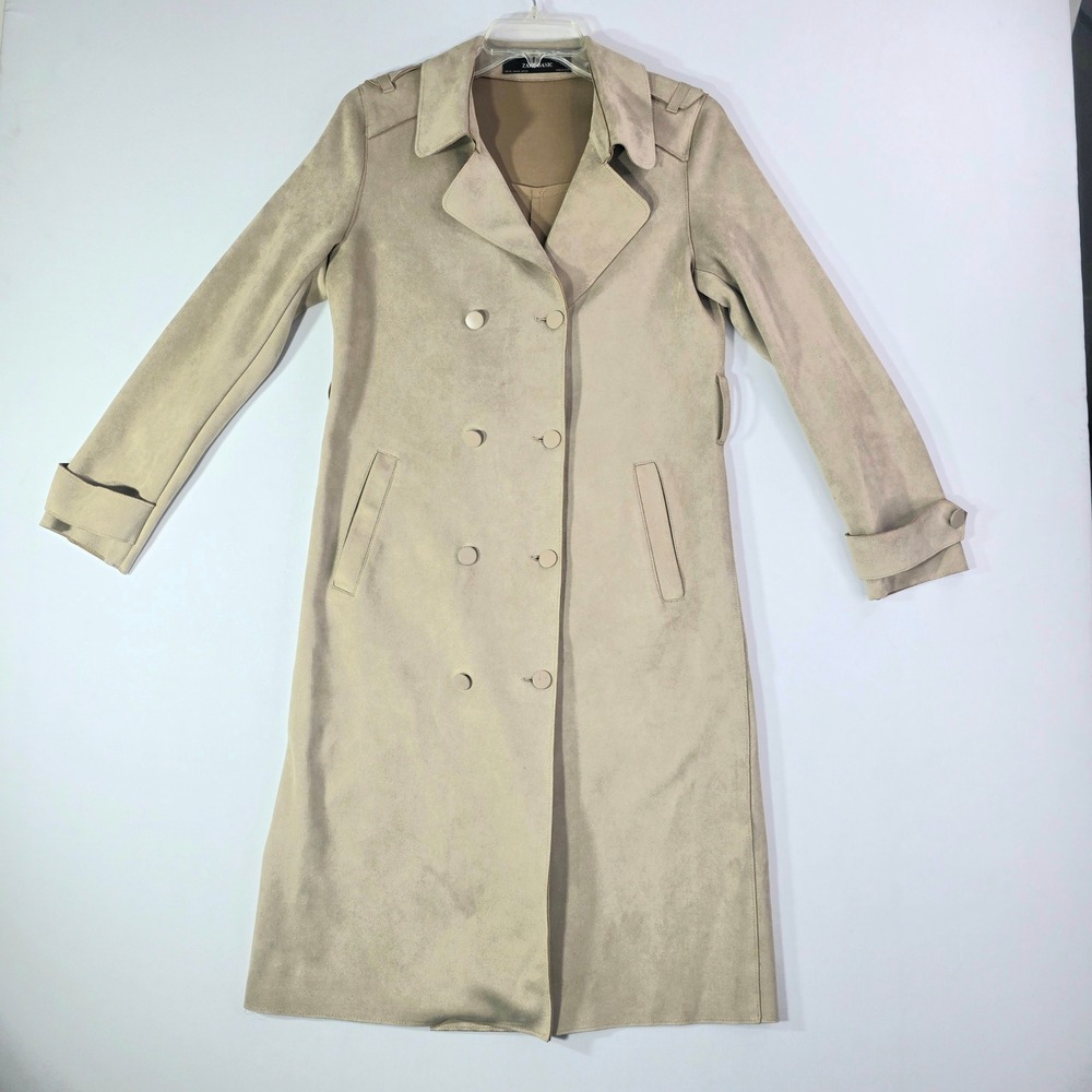 Zara Basic Womens Faux Suede Double Breasted Trench Coat Tan Beige XS 0409